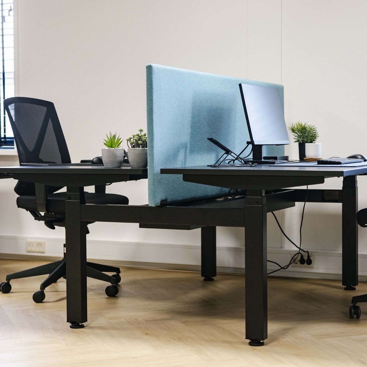zwart bureau, blauwe scheidingwand tussen bureaus